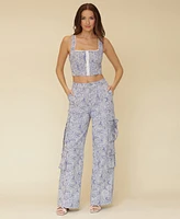 Avec Les Filles Women's Floral Print Wide-Leg Cargo Pants