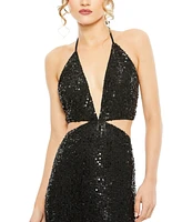 Mac Duggal Women's Cut Out Halter Tie Back Sequin Gown
