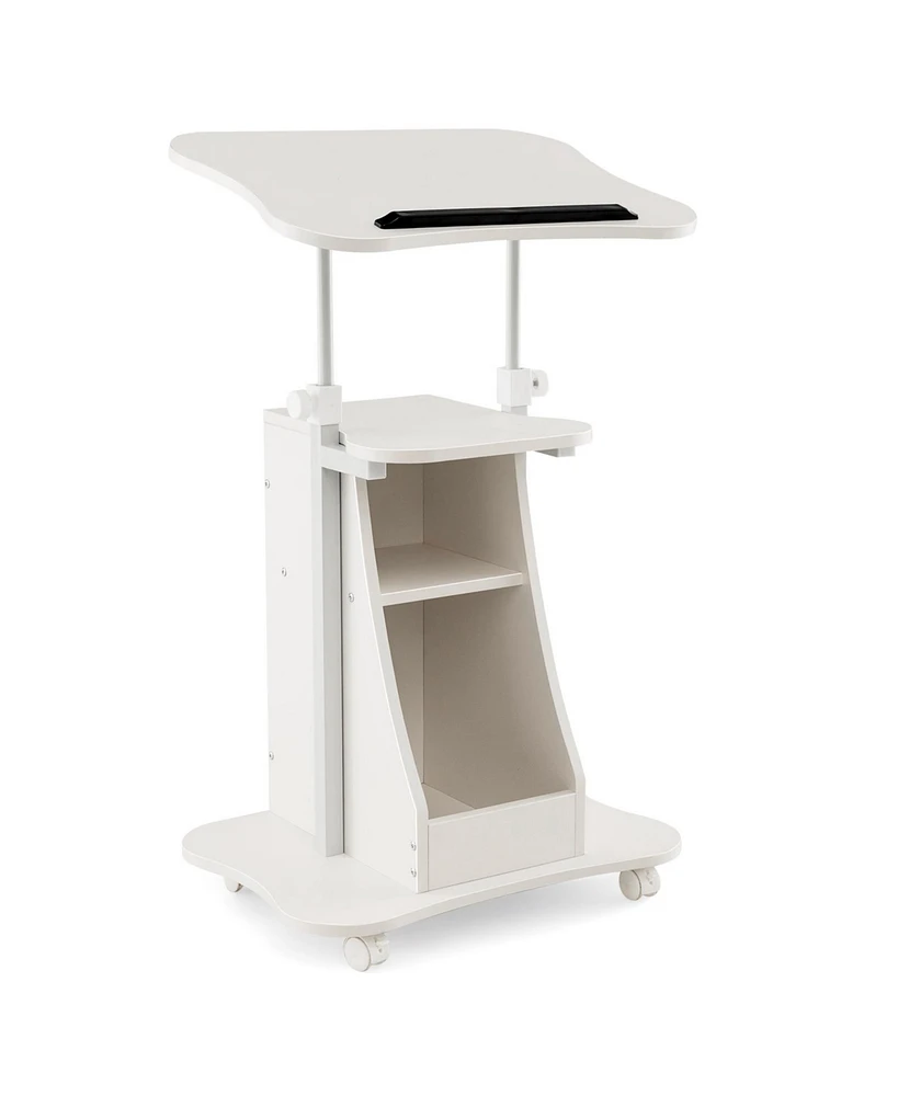 Mobile Podium Stand Height Adjustable Laptop Cart with Tilting Tabletop and Storage Compartments