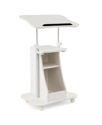 Mobile Podium Stand Height Adjustable Laptop Cart with Tilting Tabletop and Storage Compartments