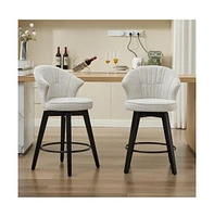 Set of 2 Swivel Bar Stools, Chenille Upholstered Counter Height Chairs with Wing-Back & Solid Wood Legs-The Pop Home