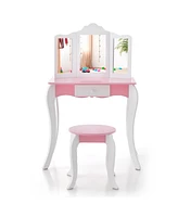 Kid's Wooden Vanity Table and Stool Set with 3-Panel Acrylic Mirror