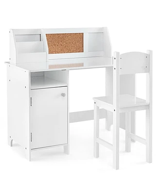 Wooden Kids Study Desk and Chair Set with Storage Cabinet and Bulletin Board