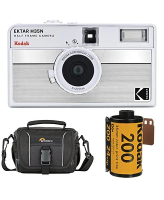 Kodak Ektar H35N Half Frame Film Camera, Striped Silver, Bundle with Kodacolor Gold 200 35mm Color Negative Roll Film, 24 Exposure and Shoulder Bag