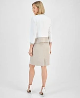 Kasper Womens Colorblocked Open Front Jacket Sheath Dress