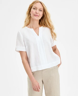 Charter Club Women's Split-Neck 100% Linen Top, Exclusively at Macy's