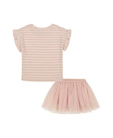 Kids Headquarters Toddler and Little Girls 2-Piece Ruffle Sleeve Striped Rainbow Top Gold Speckle Tulle Skort Set