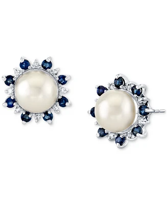 Cultured Freshwater Pearl (8mm), Blue Sapphire (1 ct. t.w.) & Diamond (1/8 ct. t.w.) Stud Earrings in 14k White Gold