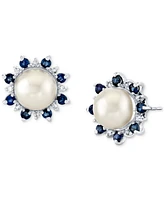 Cultured Freshwater Pearl (8mm), Blue Sapphire (1 ct. t.w.) & Diamond (1/8 ct. t.w.) Stud Earrings in 14k White Gold