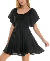 Crystal Doll Juniors' Puff-Sleeve Tie-Waist Fit & Flare Dress