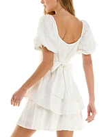 Crystal Doll Juniors' Embroidered Eyelet Puff-Sleeve Dress