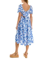 Crystal Doll Juniors' Floral-Print Bow-Back Puff-Sleeve Woven Dress