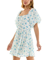 Crystal Doll Juniors' Printed Lace-Up Bubble-Sleeve Skater Dress
