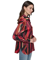 Karl Lagerfeld Paris Women's Oversized Geo-Printed Satin Button-Front Top