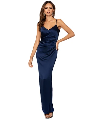 Xscape Women's Satin Ruched V-Neck Long Dress