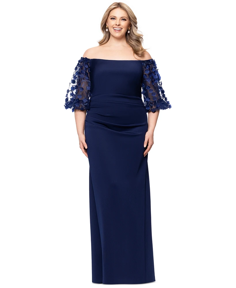 Xscape Plus 3D Floral-Sleeve Off-The-Shoulder Dress