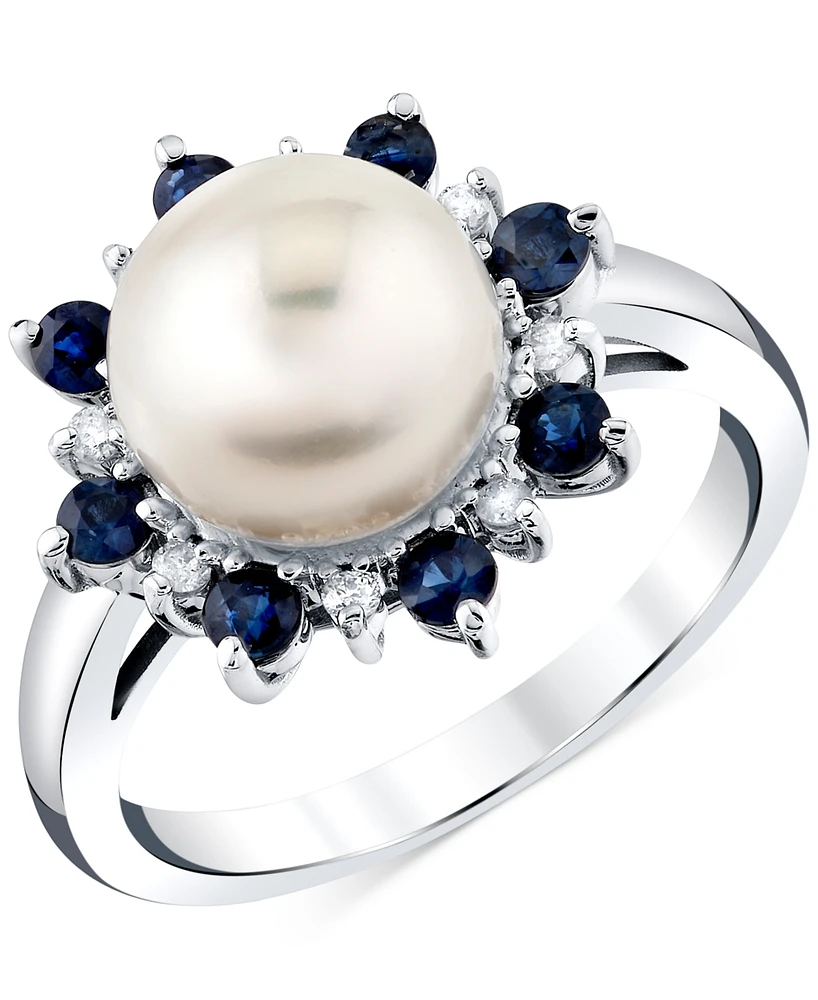 Cultured Freshwater Pearl (9mm), Blue Sapphire (5/8 ct. t.w.) & Diamond Accent Ring in 10k White Gold