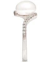Cultured Freshwater Pearl (8mm) & Cubic Zirconia Bypass Swirl Ring Sterling Silver