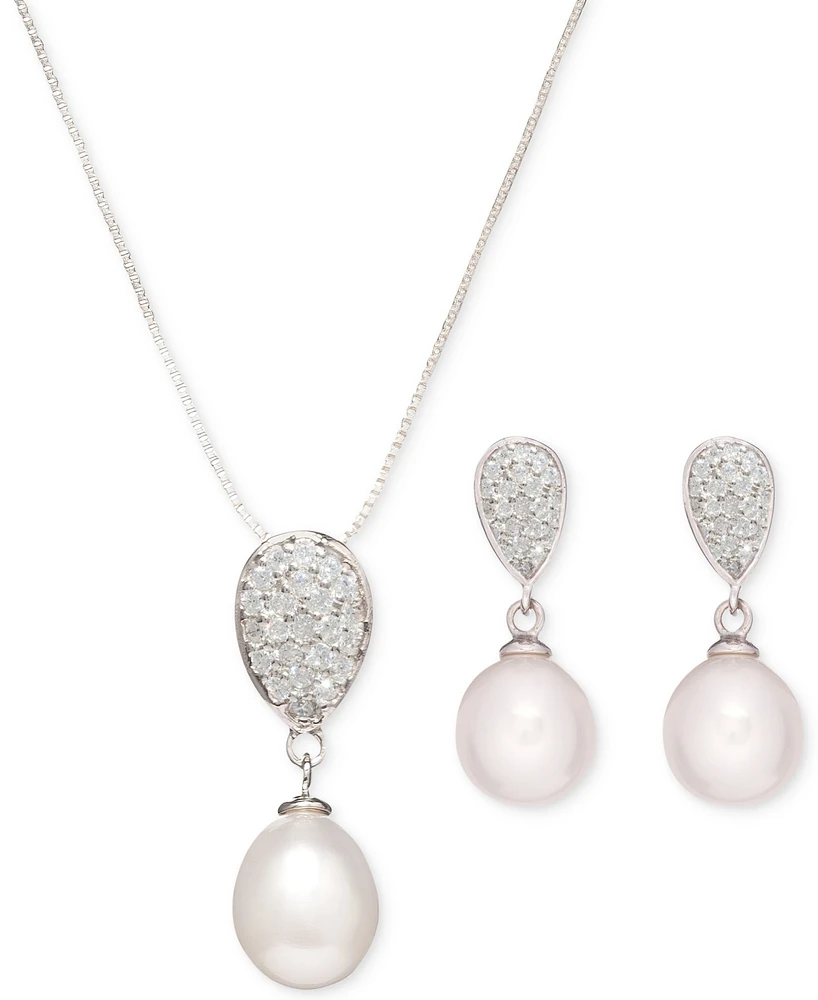 Baroque Cultured Freshwater Pearl (8x8-1/2mm) & Cubic Zirconia Pendant Necklace & Drop Earrings Set in Sterling Silver
