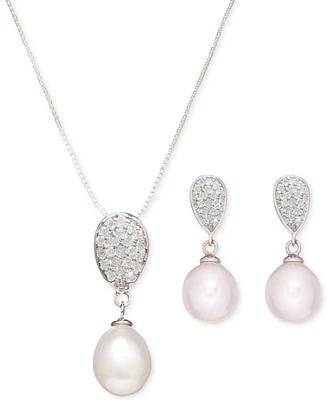 Baroque Cultured Freshwater Pearl (8x8-1/2mm) & Cubic Zirconia Pendant Necklace & Drop Earrings Set in Sterling Silver