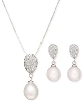 Baroque Cultured Freshwater Pearl (8x8-1/2mm) & Cubic Zirconia Pendant Necklace & Drop Earrings Set in Sterling Silver