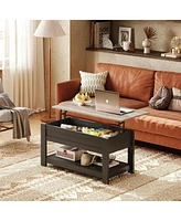 Wlive Modern Rustic Coffee Table with Storage Shelf and Hidden Compartment,Wood Lift Tabletop for Home Living Room,Black,Greige.