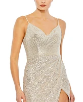Mac Duggal Women's Sequined Cowl Neck Faux Wrap Dress