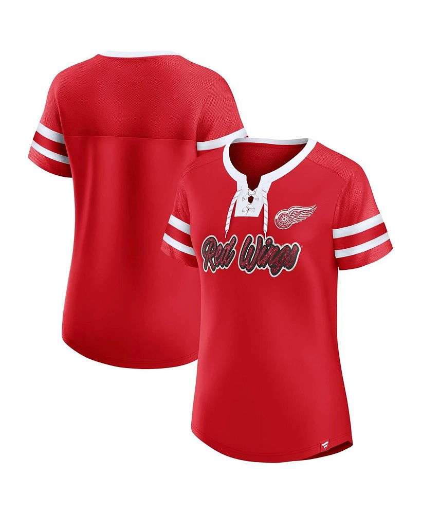Fanatics Women's Red Detroit Wings Iconic Athena Lace-Up T-Shirt