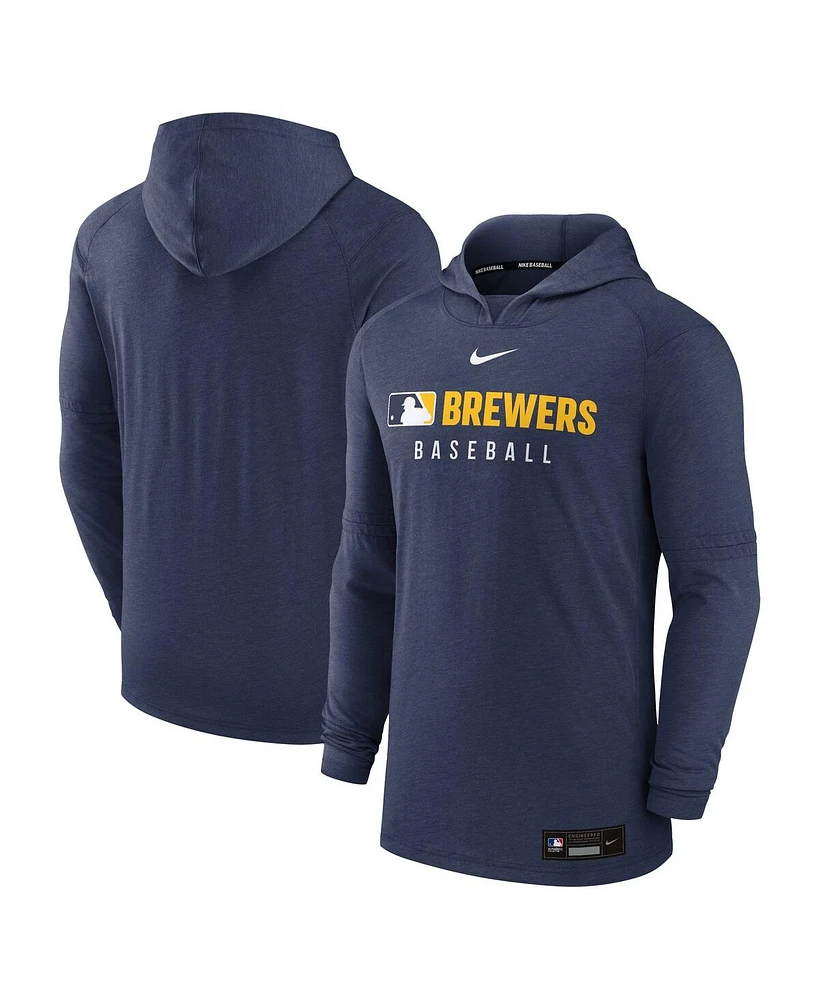 Nike Men's Heather Navy Milwaukee Brewers Authentic Collection Tri-Blend Performance Pullover Hoodie