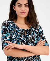 Ak Anne Klein Petite Printed Scoop-Neck Elbow-Sleeve Top