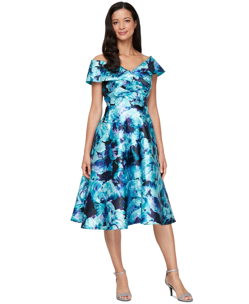 Alex Evenings Petite Printed Off-The-Shoulder A-Line Dress