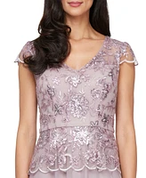 Alex Evenings Women's V-Neck Cap-Sleeve Embroidered Gown