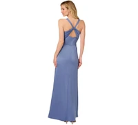 Adrianna Papell Women's Square-Neck Satin Slit-Front Gown