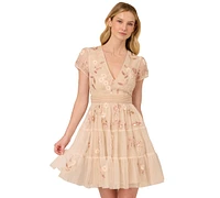Adrianna Papell Women's V-Neck Beaded Mesh Minidress