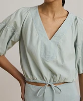 Lauren Ralph Women's Chambray Cropped Bubble-Sleeve Blouse