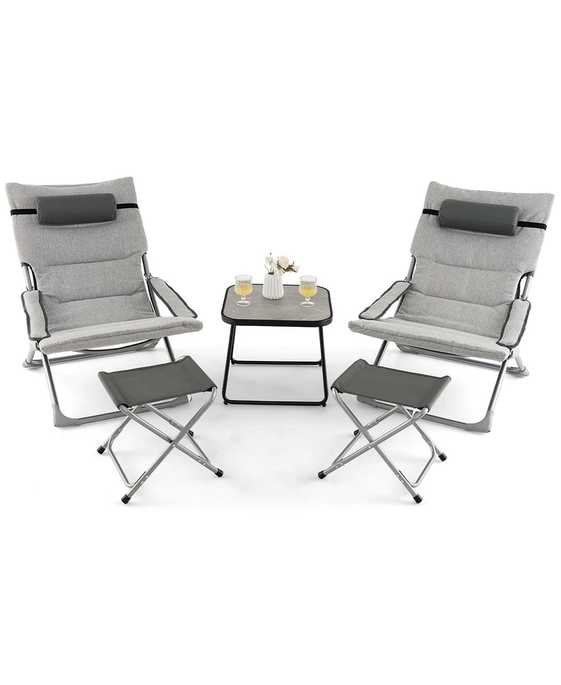 5pcs Patio Folding Sling Chair Set Ottoman Table Portable Headrest Outdoor Beach