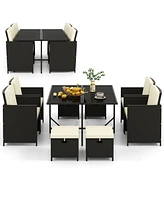 Gymax 9 Piece Patio Outdoor Conversation Set Dining Furniture Set w/ Seat Cushions