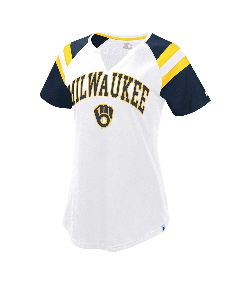Starter Women's White/Navy Milwaukee Brewers Game On Notch Neck Raglan T-Shirt