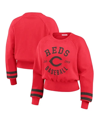 Wear by Erin Andrews Women's Red Cincinnati Reds Vintage Washed Cropped Pullover Sweatshirt