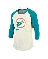 Majestic Men's Dan Marino Cream/Aqua Miami Dolphins Retired Player Name Number 3/4 Raglan Sleeve T-Shirt