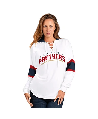 G-iii 4Her by Carl Banks Women's White Florida Panthers Goal Zone Long Sleeve Lace-Up Hoodie T-Shirt
