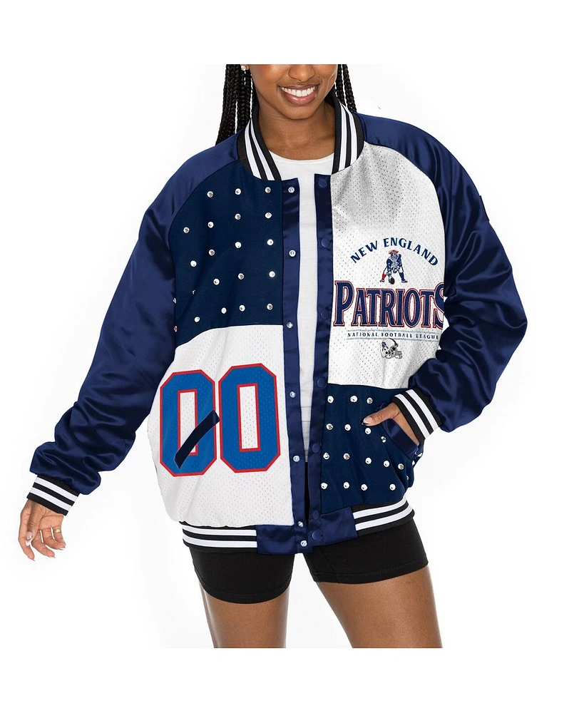 Gameday Couture Women's Navy/White New England Patriots Oversized Hot Shot Rhinestone Throwback Full-Snap Varsity Bomber Jacket