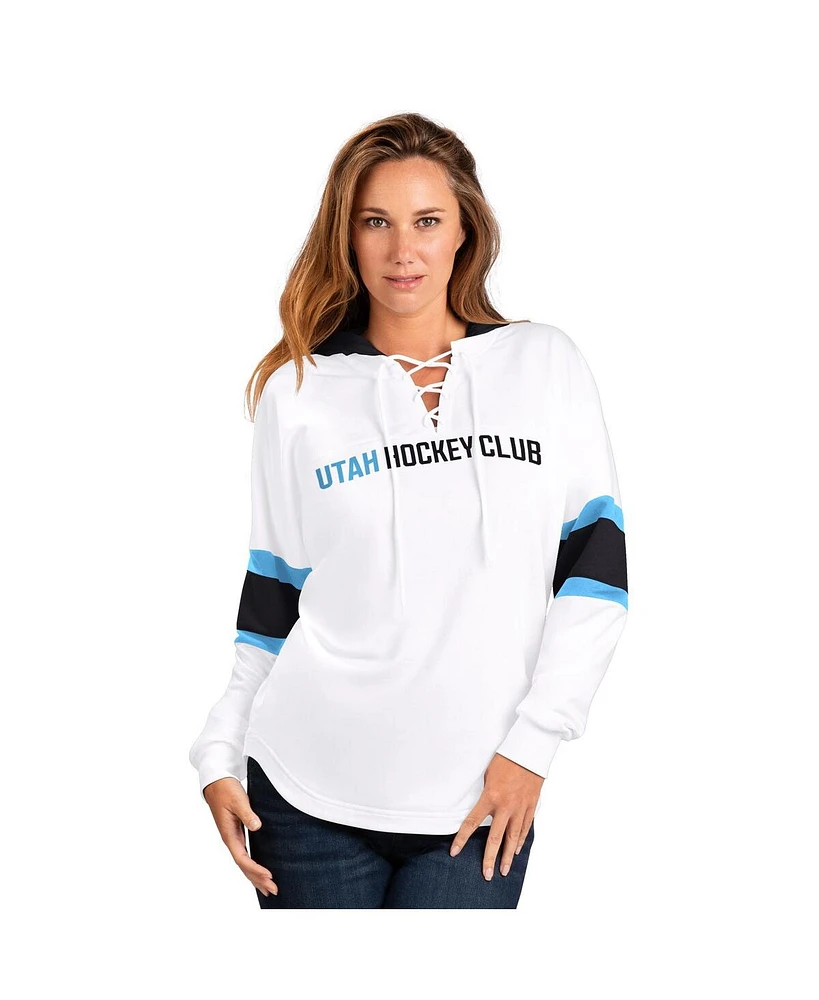 G-iii 4Her by Carl Banks Women's White Utah Hockey Club Goal Zone Long Sleeve Lace-Up Hoodie T-Shirt