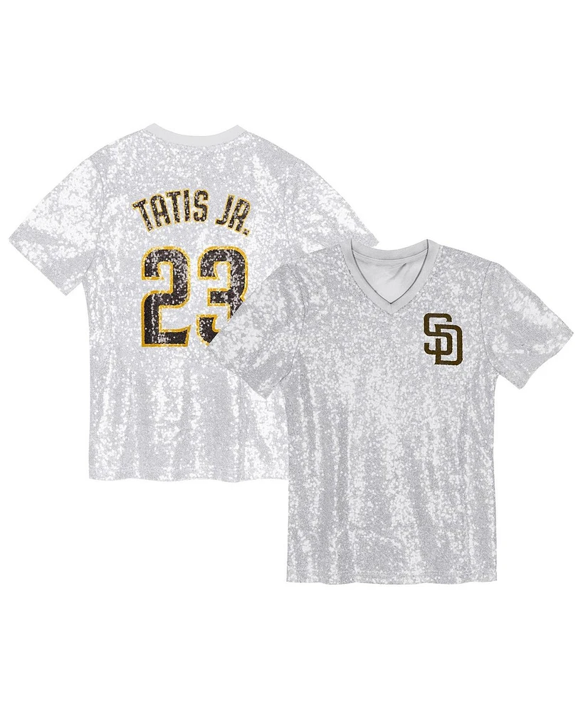 Outerstuff Juniors Fernando Tatis Jr. White San Diego Padres Name Number Sequin V-Neck Top