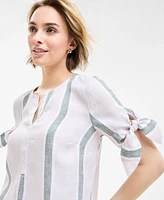 Charter Club Women's 100% Linen Striped Tie-Cuff Top, Exclusively at Macy's
