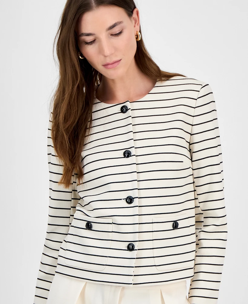 Bar Iii Women's Striped Knit Button-Front Cropped Jacket, Exclusively at Macy's
