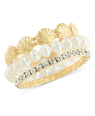 I.n.c. International Concepts Gold-Tone 3-Pc. Set Shell, Imitation Pearl & Crystal Stretch Bracelets, Exclusively at Macy's