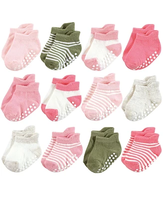 Hudson Baby Girls Non-Skid No-Show Socks, Pink Green, 0-6 Months