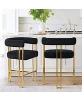 Set of 2 Counter Height Bar Stools, 25" Upholstered Chairs with Gold Metal Legs, Curved Back & Armrests-Maison Boucle