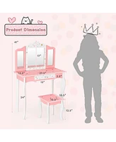 Kids Princess Vanity Table and Stool Set with Tri-folding Mirror and Drawer